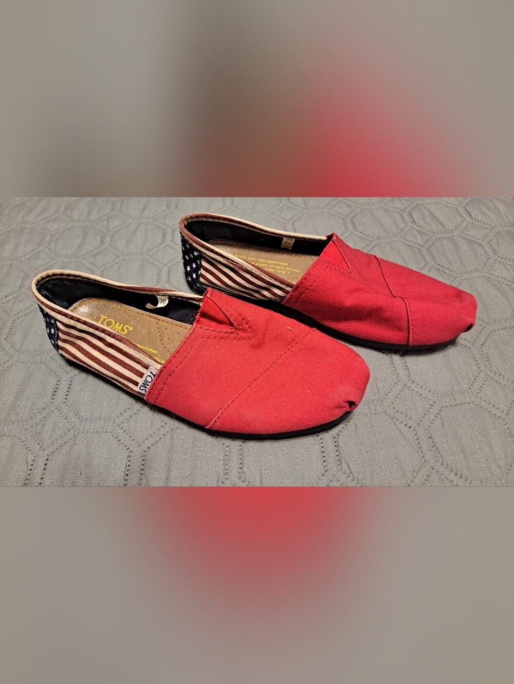 TOMS Red Canvas Slip-On Shoes with Flag Accent 6W
